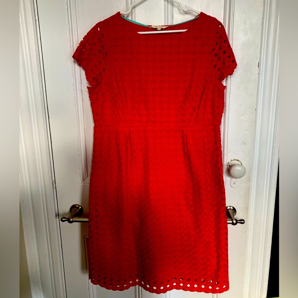 Red knee length sheath dress eyelet fabric White Stuff